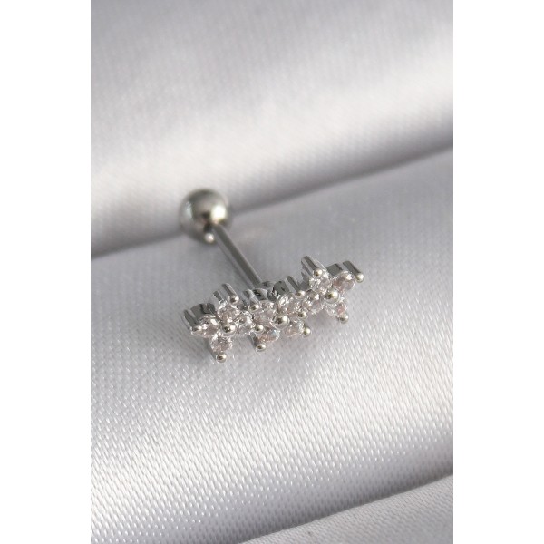 316L Çelik Gümüş Renk Zirkon Taşlı Yonca Tragus Piercing TJ-PR1255