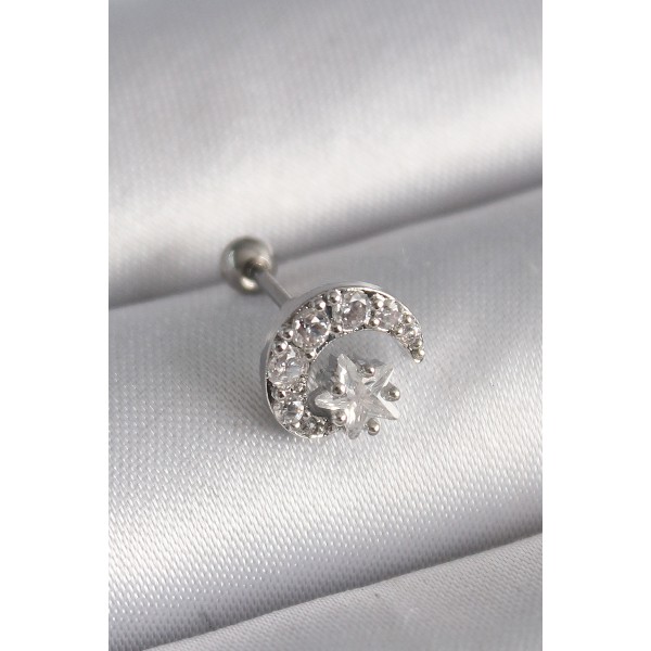 316L Çelik Gümüş Renk Zirkon Taşlı Ay Yıldız Tragus Piercing TJ-PR1257