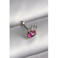 316L Çelik Gümüş Renk Pembe Mineli Kalp Zirkon Taş Detaylı Taç Tragus Piercing TJ-PR1263