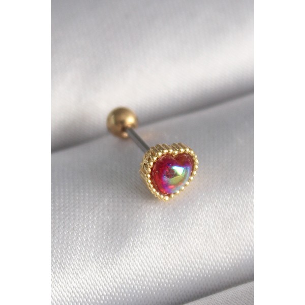 316L Çelik Gold Renk Kırmızı Mineli Kalp Tragus Piercing TJ-PR1266