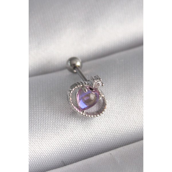 316L Çelik Gümüş Renk Mor Mineli Kalp Zirkon Taş Detay Tragus Piercing TJ-PR1273