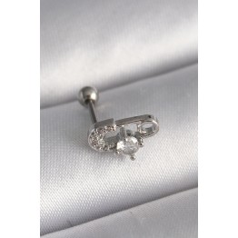 316L Çelik Gümüş Renk Zirkon Taşlı Toplu İğne Tragus Piercing TJ-PR1275