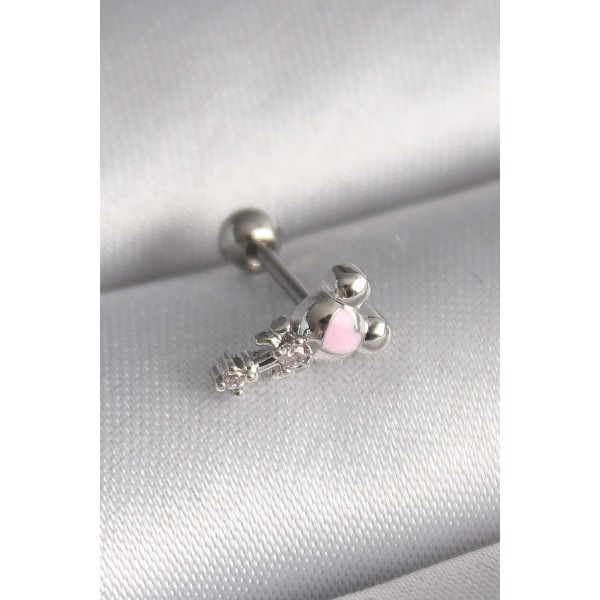 316L Çelik Gümüş Renk Zirkon Taş Detay Pembe Kalp İşleme Tragus Piercing TJ-PR1281