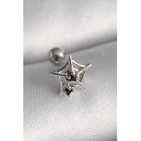 316L Çelik Gümüş Renk Siyah Zirkon Taş Detay Örümcek Ağ Model Tragus Piercing TJ-PR1293