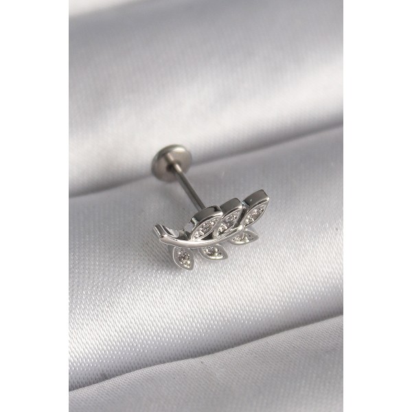 316L Çelik Gümüş Renk Dal Model Zirkon Taş Detaylı Tragus Piercing TJ-PR1343