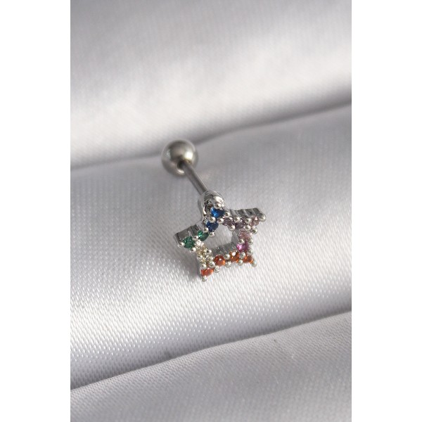 316L Çelik Gümüş Renk Renkli Zirkon Taşlı Yıldız Model Tragus Piercing TJ-PR1355
