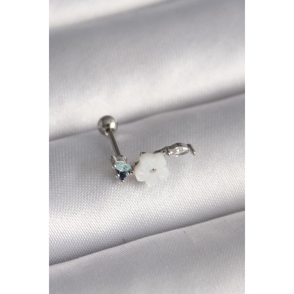 316L Çelik Gümüş Renk Zirkon Taş Detay Beyaz Çiçek Model Tragus Piercing TJ-PR1357