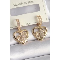 Pirinç Gold Renk Zirkon Taşlı Kalp Model Ay Yıldız İşleme Kadın Küpe TJ-BKP9737