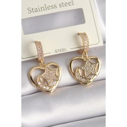 Pirinç Gold Renk Zirkon Taşlı Kalp Model Ay Yıldız İşleme Kadın Küpe TJ-BKP9737