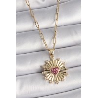 316L Çelik Gold Renk Pembe Zirkon Taşlı Kalp İşleme Madalyon Model Kadın Kolye TJ-BKO9534