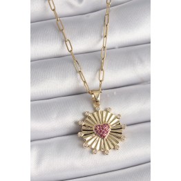 316L Çelik Gold Renk Pembe Zirkon Taşlı Kalp İşleme Madalyon Model Kadın Kolye TJ-BKO9534