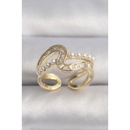 Pirinç Gold Renk Zirkon Taşlı İnci Detay VIP Seri Kadın Yüzük TJ-BYK3512