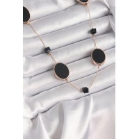 Pirinç Gold Renk Siyah Renk Oval Siyah Küp Detay Kadın Kolye TJ-BKO9625