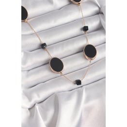 Pirinç Gold Renk Siyah Renk Oval Siyah Küp Detay Kadın Kolye TJ-BKO9625