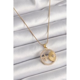 316L Çelik Gold Renk Zincir Zirkon Taşlı Yıldız İşleme Madalyon Model Kadın Kolye TJ-BKO9636