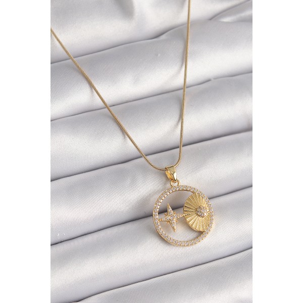 316L Çelik Gold Renk Zincir Zirkon Taşlı Yıldız İşleme Madalyon Model Kadın Kolye TJ-BKO9636