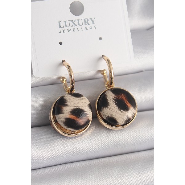 Pirinç Gold Renk Leopar Desenli Daire Model Kadın Küpe TJ-BKP9878
