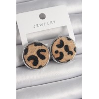 Pirinç Gümüş Renk Daire Plaka Model Leopar Desenli Kadın Küpe TJ-BKP9890