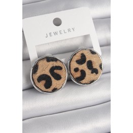 Pirinç Gümüş Renk Daire Plaka Model Leopar Desenli Kadın Küpe TJ-BKP9890