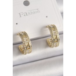 Pirinç Gold Renk Zirkon Taşlı İşleme Detay Halka Model Kadın Küpe TJ-BKP9913