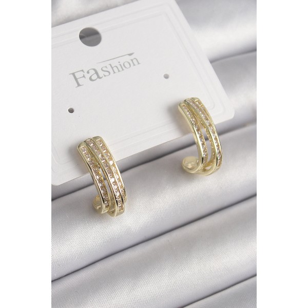 Pirinç Gold Renk Zirkon Taşlı Yarım Halka Model Kadın Küpe TJ-BKP9977