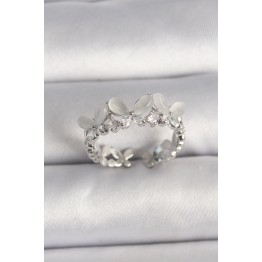 Pirinç Gümüş Renk Zirkon Taşlı Beyaz Mineli Model Ayarlanabilir Yüzük TJ-BYK3530
