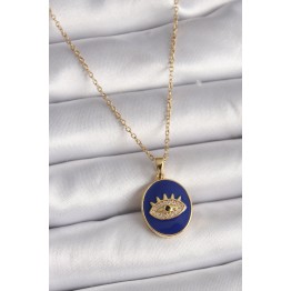 316L Çelik Gold Renk Zincir Mavi Mineli Zirkon Taşlı Göz İşleme Kadın Kolye - TJ-BKO9505