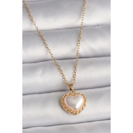 316L Çelik Gold Renk Zincir 3D İnci Kalp Model Kadın Kolye TJ-BKO9713