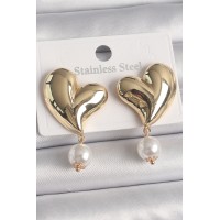Pirinç Gold Renk Kalp Model Sallantı İnci Detay Kadın Küpe TJ-BKP10080