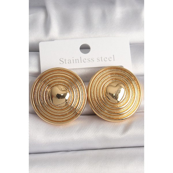 Pirinç Gold Renk Kalp İşlemeli Daire Plaka Model Kadın Küpe TJ-BKP10155
