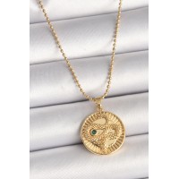 316L Çelik Gold Renk Topçuk Zincir Yılan İşlemeli Zirkon Taş Detaylı Madalyon Model Kadın Kolye TJ-BKO9844