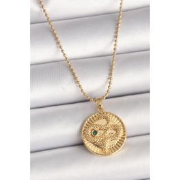 316L Çelik Gold Renk Topçuk Zincir Yılan İşlemeli Zirkon Taş Detaylı Madalyon Model Kadın Kolye TJ-BKO9844