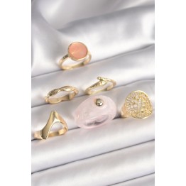 Pirinç Gold Renk Pembe Plastik Yüzük Model Daire Pembe Mine Yılan Detay 6'Lı Kadın Yüzük Seti TJ-BYK3613