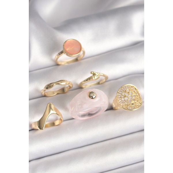 Pirinç Gold Renk Pembe Plastik Yüzük Model Daire Pembe Mine Yılan Detay 6'Lı Kadın Yüzük Seti TJ-BYK3613