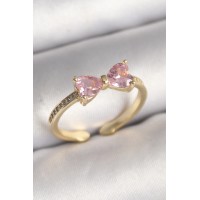 Pirinç Gold Renk Pembe Zirkon Taşlı Kalp Fiyonk Model Kadın Yüzük TJ-BYK3641