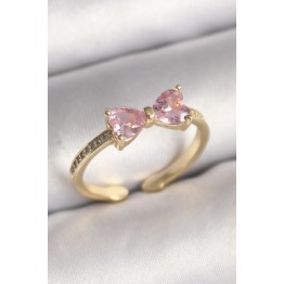 Pirinç Gold Renk Pembe Zirkon Taşlı Kalp Fiyonk Model Kadın Yüzük TJ-BYK3641