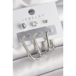 Pirinç Gümüş Renk Halka Model Zirkon Taşlı Topçuk Detay Kadın Küpe Seti TJ-BKP10313