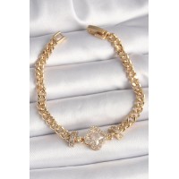 Pirinç Gold Renk Zirkon Taşlı Yonca Figür Zincir Model Kadın Bileklik TJ-BB6818