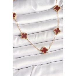 316L Çelik Gold Renk Zincir Bordo Yonca Model Kadın Kolye TJ-BKO9926