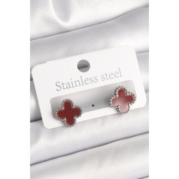 Pirinç Gümüş Renk Bordo Yonca Model Kadın Küpe TJ-BKP10359