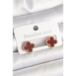 Pirinç Gold Renk Bordo Yonca Model Kadın Küpe TJ-BKP10360