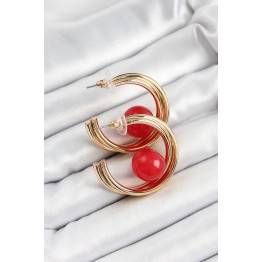 Pirinç Gold Renk Halka Model Kırmızı Boncuk Detay Kadın Küpe TJ-BKP10366