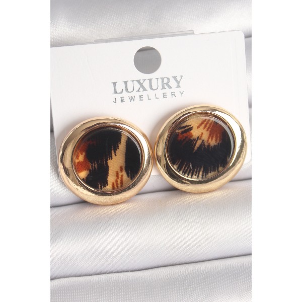 Pirinç Gold Renk Leopar Desen Daire Model Kadın Küpe TJ-BKP10371