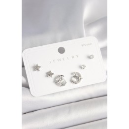 925 Ayar Gümüş Çivi Zirkon Taşlı Hilal Yıldız Model Kadın Küpe Seti TJ-BKP10398