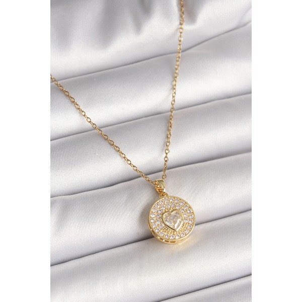 316L Çelik Gold Renk Zincir Madalyon Zirkon Taşlı Kalp Model Kadın Kolye TJ-BKO9946