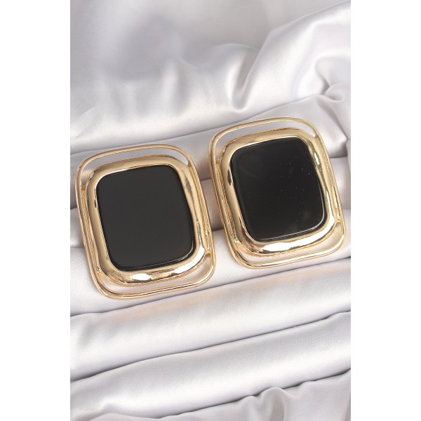 Pirinç Gold Renk Siyah Mineli Kare Model Kadın Küpe TJ-BKP10429