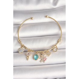 Pirinç Gold Renk Sallantı Zirkon Taşlı AYıcık Figür Kalp Detay Charm Kadın Bileklik TJ-BB6894