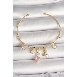 Pirinç Gold Renk Sallantı Zirkon Taşlı Kalp Figür Pembe Kalp Detay Charm Kadın Bileklik - TJ-BB6897