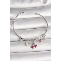 Pirinç Gümüş Renk Sallantı Kiraz Figür Kalp Detay Charm Kadın Bileklik TJ-BB6901