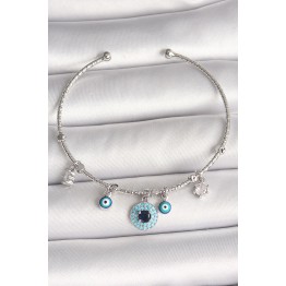 Pirinç Gümüş Renk Sallantı Zirkon Taşlı Nazar Boncuk Figür Charm Kadın Bileklik TJ-BB6911